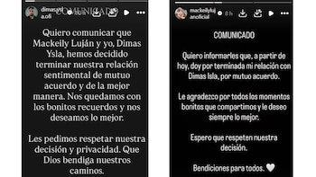 Dos capturas de historias de redes sociales con fondos negros y textos blancos titulados Comunicado