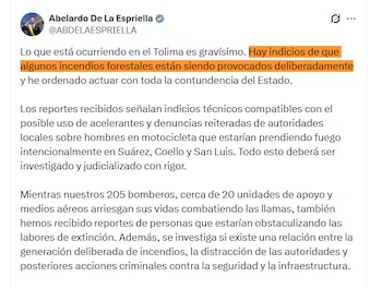 Abelardo de la Espriella denunció que existen indicios de que algunos incendios forestales en el Tolima estarían siendo provocados de manera deliberada - crédito @ABDELAESPRIELLA/X