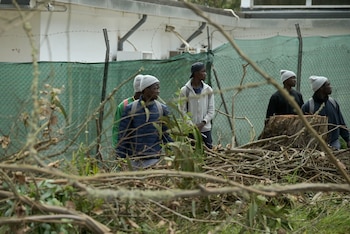 Varios migrantes en el exterior del centro de acogida 'Las Raíces', en Tenerife, donde acudirá el papa León XIV. (Europa Press)