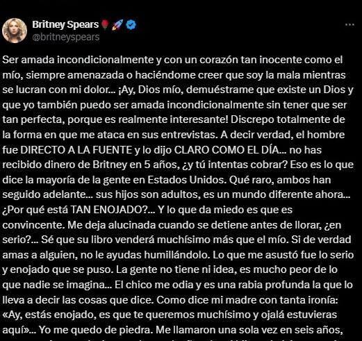 Britney Spears acusó a su exmarido de lucrar con su dolor. (X/Britney Spears)