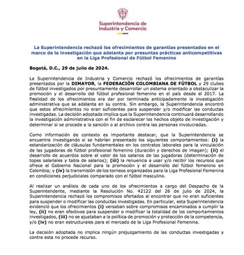 Comunicado de la Superintendencia de Industria y Comercio sobre el fútbol colombiano - crédito SIC