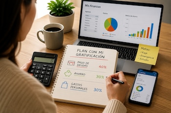 Persona planificando con calculadora, libreta con porcentajes de gratificación para deudas, ahorro y gastos, laptop con gráficos, taza de café, planta, teléfono