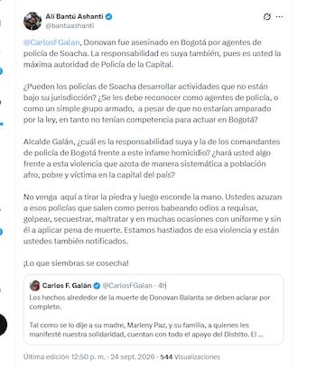 El abogado Alí Bantú Ashanti advirtió al alcalde Carlos Fernando Galán que tiene responsabilidad en la muerte de Donovan Balanta - crédito @bantuashanti/X
