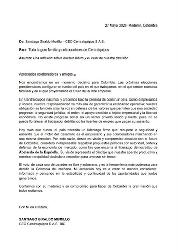Comunicado interno atribuido a Centralquipo S.A.S. BIC en el que se orienta a los trabajadores sobre el contexto electoral y la importancia del voto, documento que ha generado controversia pública - crédito Alfredo Saade/X