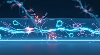 Imagen abstracta de neuronas luminosas con conexiones nuevas y formas moleculares, atravesadas por una corriente de luz azul brillante dentro de una barrera translúcida.
