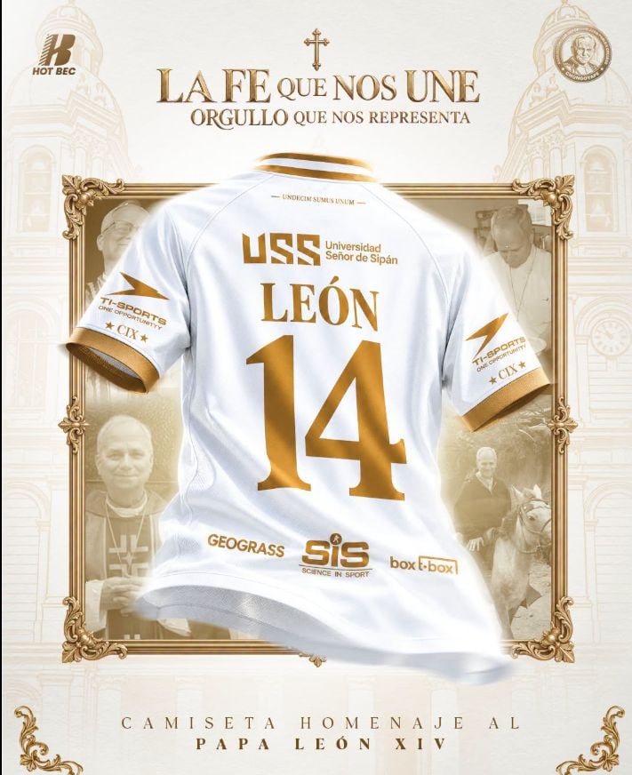 El diseño de la camiseta homenajea el vínculo entre León XIV y Chiclayo, ciudad donde Robert Prevost fue obispo y obtuvo la nacionalidad peruana en 2015 antes de llegar al Vaticano. (Juan Pablo II College)