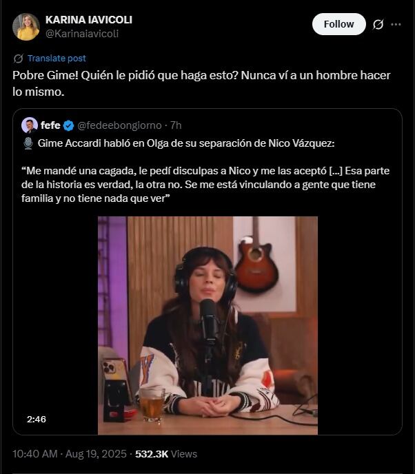 La empatía de Karina Iavicoli al escuchar a Gimena Accardi contar cómo terminó su relación con Nico Vázquez (X)