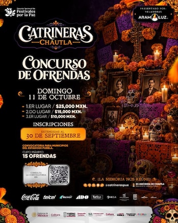 Cartel promocional del Concurso de Ofrendas Catrineras Chautla con un altar de muertos decorado con flor de cempasúchil, velas y calaveras