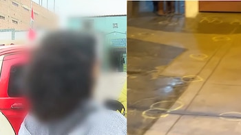 Una mujer con el rostro borroso frente a una comisaría y, al lado, marcas circulares con tiza sobre la acera