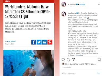 posteo instagram madonna vacuna coronavirus