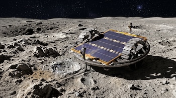 Un vehículo robótico con un panel solar sobre un terreno lunar lleno de cráteres y rocas.