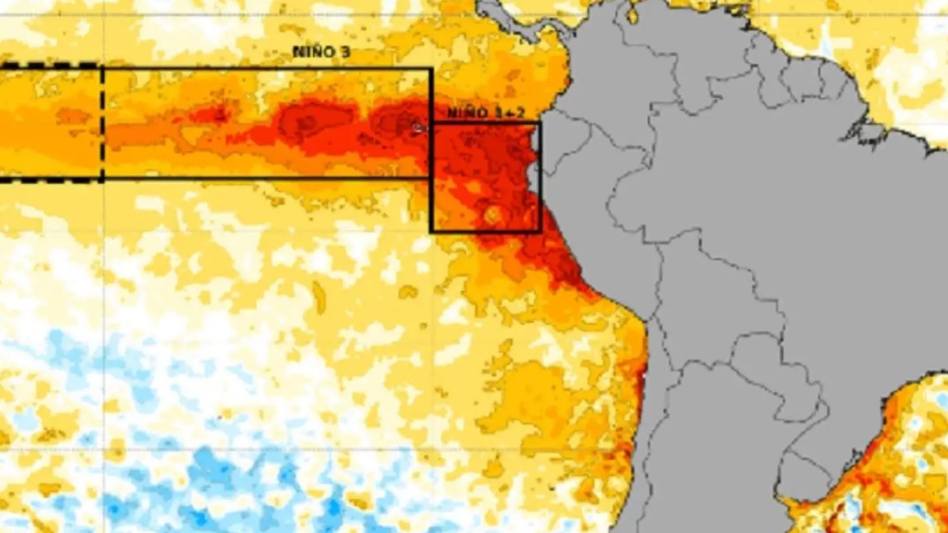 Un mapa del Pacífico oriental ilustra el calentamiento marino en la superficie del mar, con zonas de anomalía térmica marcada en las regiones de El Niño 3 y El Niño 1+2, frente a la costa de América del Sur.