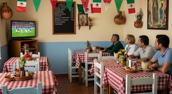 Interior de fonda mexicana con paredes beige y azul. Mesas con manteles a cuadros rojos y blancos. Comensales observan un partido de fútbol en una pequeña televisión.