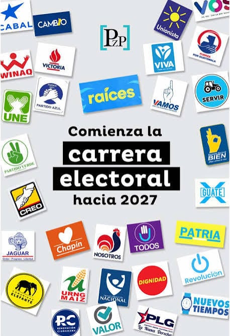 Los logotipos de diversos partidos políticos guatemaltecos acompañan la consigna sobre el inicio de la carrera electoral para los comicios de 2027. (Redes Sociales)