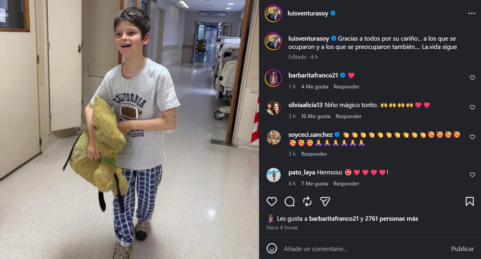 Antonio, hijo del periodista Luis Ventura, camina por un pasillo hospitalario junto al mensaje de agradecimiento publicado por su padre en redes sociales.
