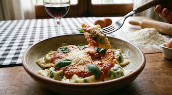 Vista cercana de ravioles caseros con salsa, queso y albahaca en un plato. Una mano levanta un ravioli con un tenedor. Fondo con vino, harina y huevos.
