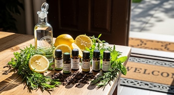 Una botella de vinagre, limones, hierbas, clavos de olor y seis frascos pequeños de aceites esenciales sobre una mesa de madera. Al fondo, una puerta.