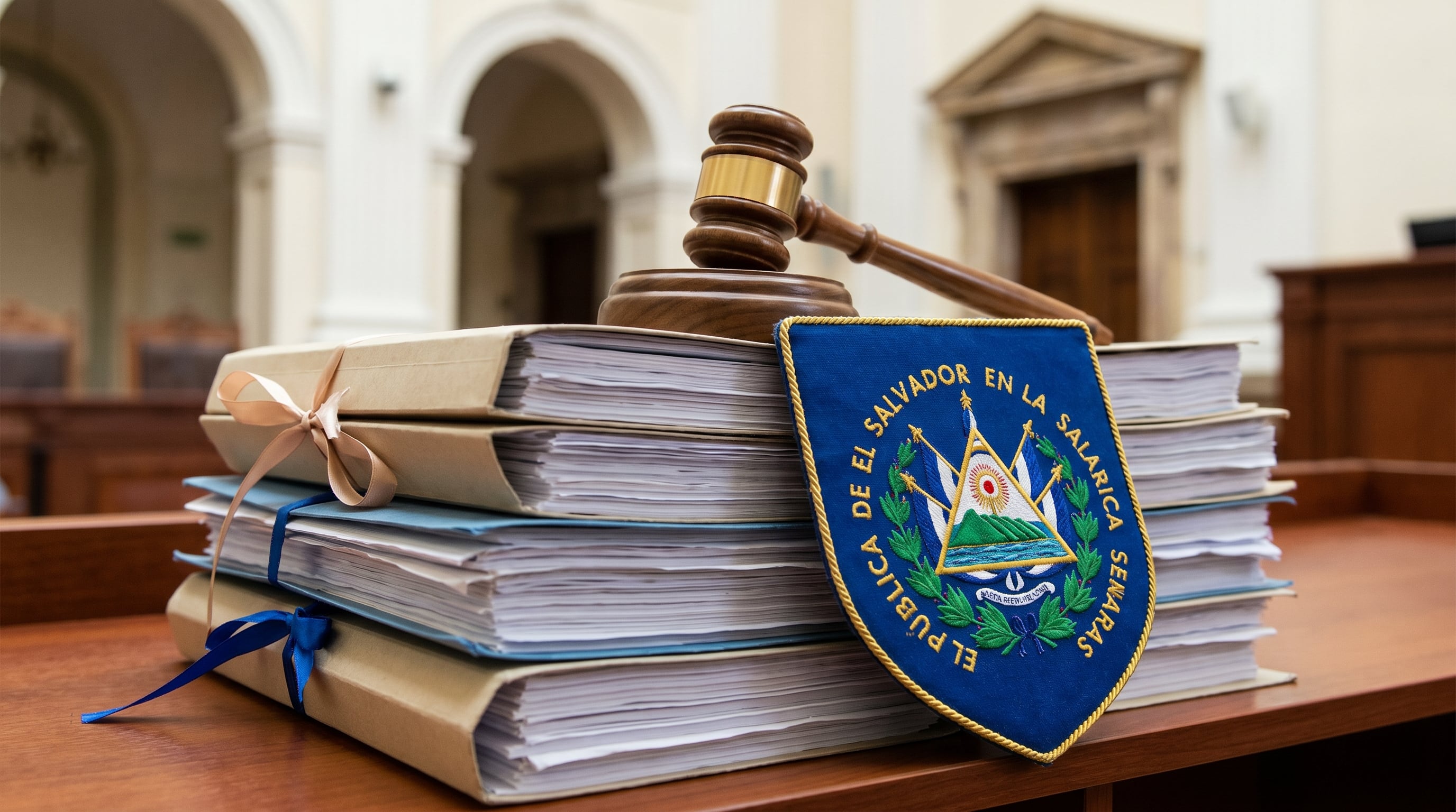 Una pila de expedientes judiciales con un martillo de juez y el escudo nacional de El Salvador simbolizan las resoluciones judiciales en el sistema legal del país. (Imagen Ilustrativa Infobae)