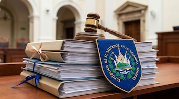 Pila de carpetas judiciales con documentos, un martillo de juez de madera y un escudo azul de El Salvador sobre una mesa de madera en una sala judicial.