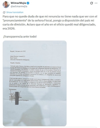 La dimisión fue comunicada tras considerar que su permanencia podría interpretarse como un factor de duda sobre la objetividad de la agencia, motivo por el cual optó por retirarse de manera voluntaria - crédito captura de pantalla @wilmarmejia / X