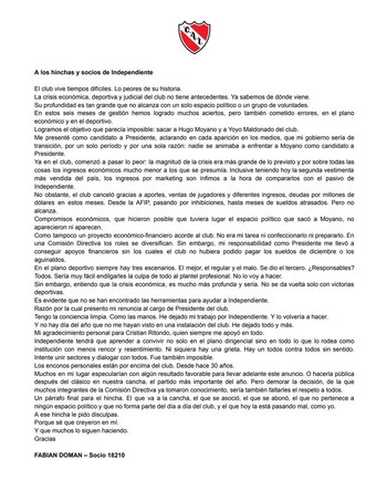 La carta que publicó Doman