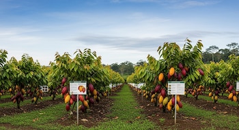 Hileras de plantas de cacao con frutos de colores amarillo, rojo y púrpura. Hay carteles informativos en la plantación y un cielo nublado.