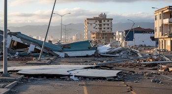 Un edificio derrumbado, escombros en la calle, pavimento agrietado, postes de luz caídos, edificios dañados y montañas bajo un cielo nublado.
