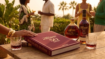 Una mesa de madera con un libro de "Ron Zacapa: 50 Años" de Assouline, dos botellas de ron, dos vasos con ron y una mano. Personas y palmeras borrosas al fondo.