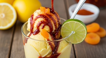 Helado de limón en un vaso transparente con salsa de chamoy escurriendo, trozos de albaricoque y una rodaja de lima, sobre una mesa de madera rústica.