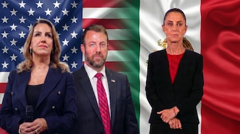 Una imagen de tres figuras políticas, dos mujeres y un hombre, frente a las banderas de Estados Unidos y México unidas orgánicamente en el fondo.