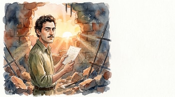 Ilustración en acuarela de Roque Dalton, de pie entre los escombros de una celda rota. Sostiene una hoja con texto mientras mira la luz de un amanecer.