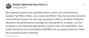 Miguel Polo Polo aseguró el presidente Gustavo Petro no le ha cumplido a los universitarios - crédito @MiguelPoloP/X