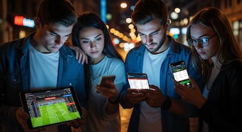Cuatro jóvenes serios en una calle por la noche, mirando teléfonos y una tableta con pantallas que muestran un partido de fútbol y plataformas de apuestas.