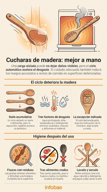 Infografía con ilustraciones de cucharas de madera, un lavavajillas, gotas de agua, un termómetro, alimentos crudos y textos explicativos.