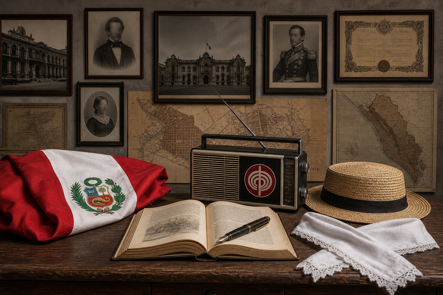 Diversos objetos de la cultura y la historia del Perú figuran ordenados sobre una mesa de madera junto a mapas y retratos. (Imagen Ilustrativa Infobae)