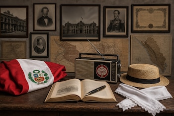 Una bandera de Perú, un libro abierto con pluma, una radio, un sombrero de paja, pañuelos blancos y cuadros sobre la pared.