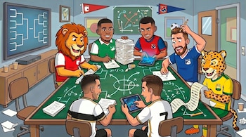 Ilustración de personajes, incluyendo humanos y mascotas, en una sala de reuniones. Analizan estrategias de fútbol en una mesa con pizarra y pantallas.