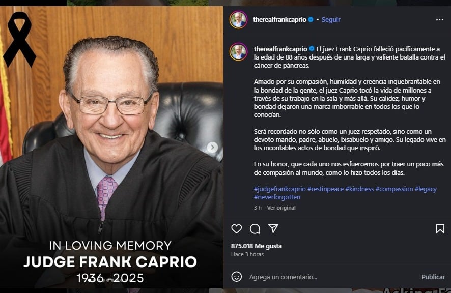 La familia de Frank Caprio publicó la muerte del juez en su cuenta de Instagram. (Instagram/Frank Caprio)