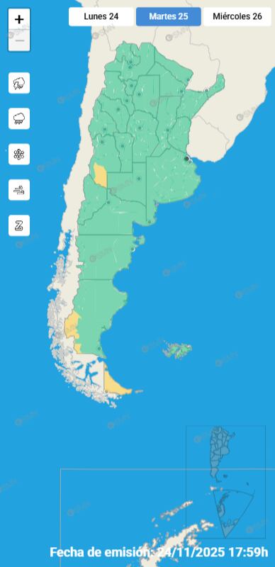 El SMN emitió alerta amarilla por lluvias para el sur de Mendoza, Santa Cruz y Tierra del Fuego