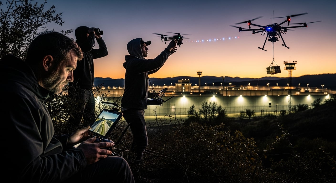 Delincuentes utilizan drones para introducir paquetes de contrabando en una prisión al anochecer, una creciente amenaza para la seguridad penitenciaria. (Imagen Ilustrativa Infobae)