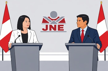 Ilustración plana de Keiko Fujimori y Roberto Sánchez en podios grises con micrófonos, frente al logo del JNE y banderas de Perú sobre un fondo blanco y gris.