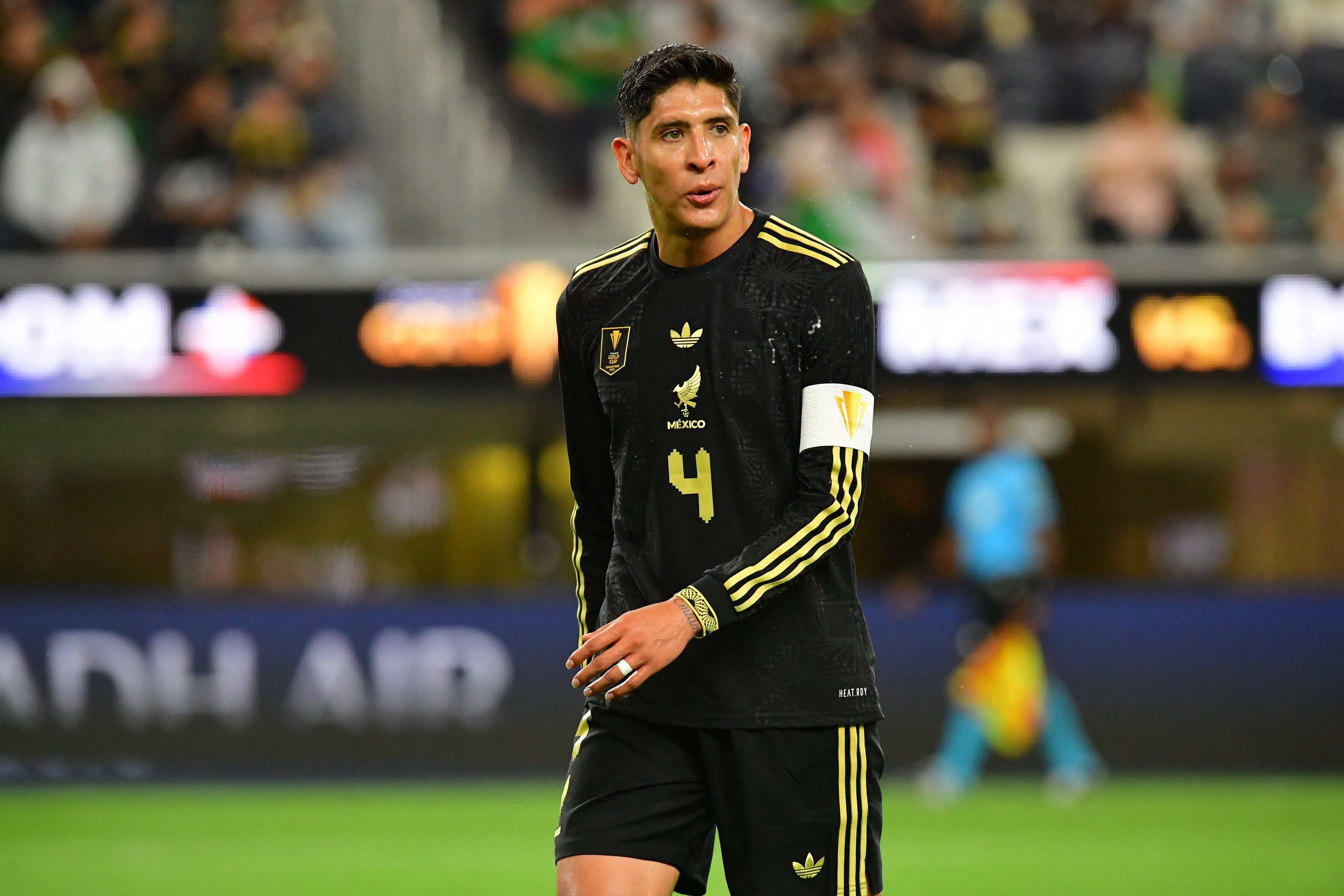 Jun 14, 2025; Inglewood, California, USA; Mexico midfielder Edson Alvarez (4) walks downfield during the second half against the Dominican Republic at SoFi Stadium. Mandatory Credit: Gary A. Vasquez-Imagn Images