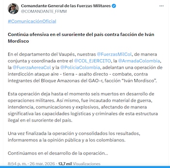 Comandante de las Fuerzas Militares indicó que la operación continúa en desarrollo - crédito @COMANDANTE_FFMM/X