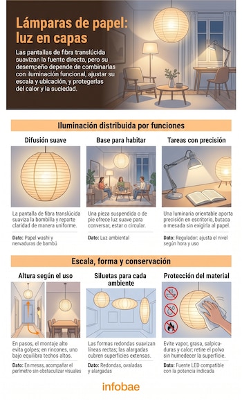 Infografía con ilustraciones de habitaciones con lámparas de papel, esquemas de distribución de luz y consejos de mantenimiento.