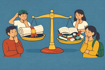 Ilustración plana de una balanza central con un diploma en un platillo y libros, lápices y una calculadora en el otro, mientras cuatro estudiantes pensativos los observan. Fondo azul pizarra.