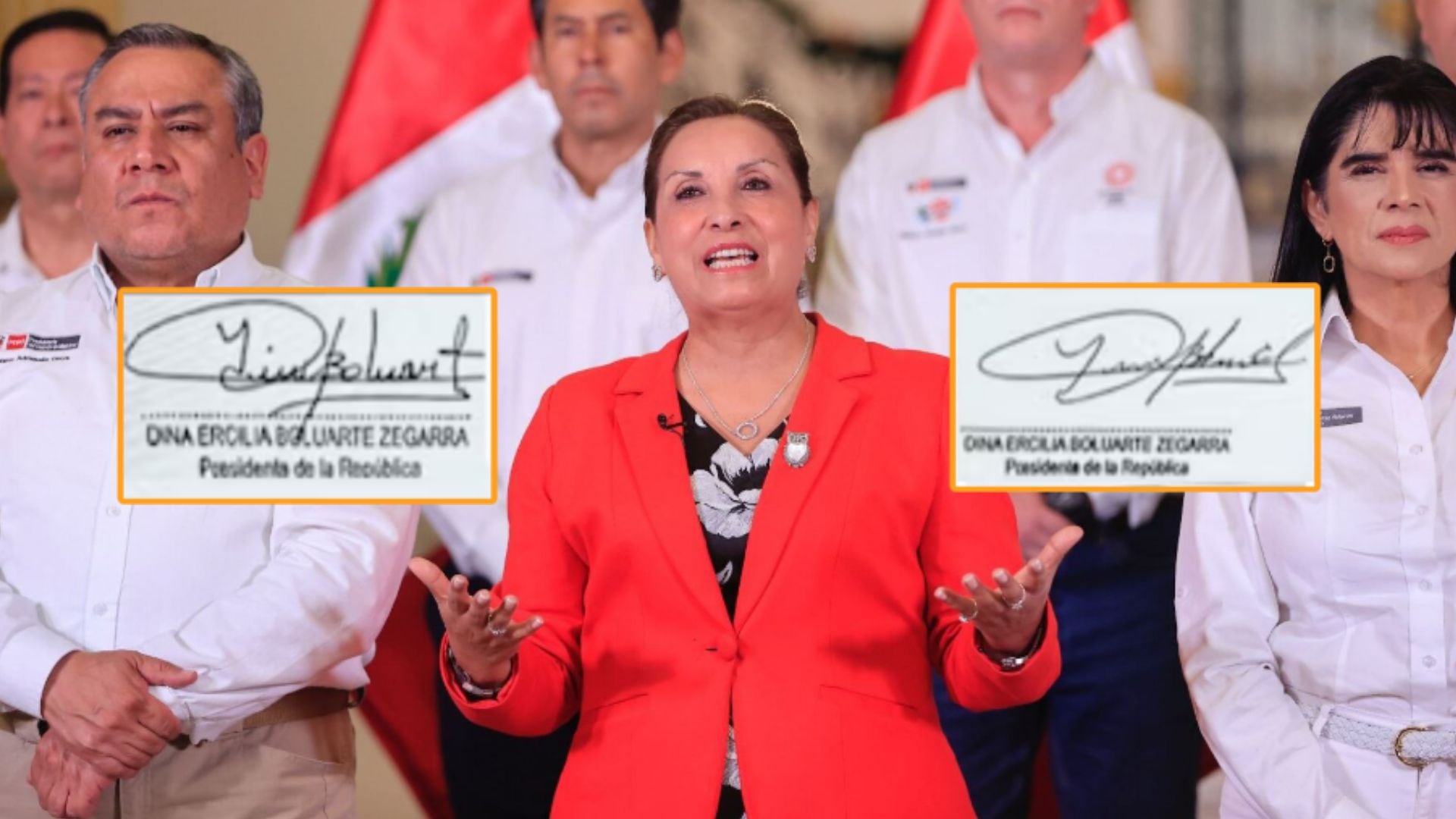 La presidenta Dina Boluarte ha negado que sus firmas hayan sido alteradas - crédito composición Infobae Perú / Andina / Hildebrandt en sus Trece