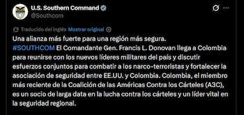 El Comando Sur y las Fuerzas Militares de Colombia centraron las reuniones en combatir a los narco-terroristas y fortalecer la cooperación bilateral - crédito @Southcom / X