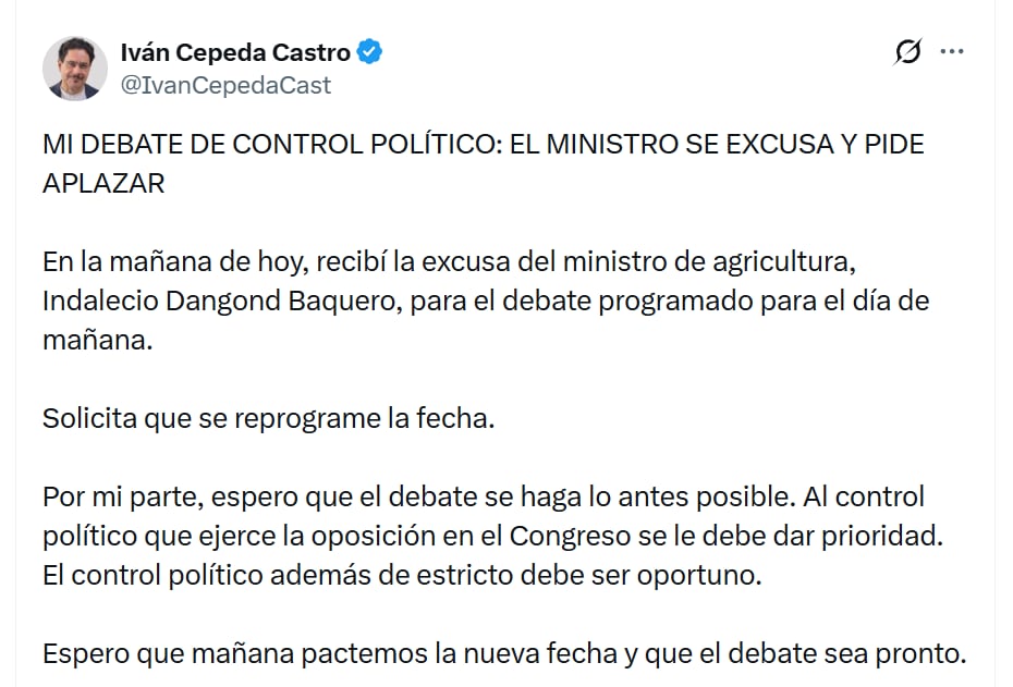 El senador Iván Cepeda confirmó que buscará coordinar una nueva fecha para asegurar la comparecencia del ministro - crédito @IvanCepedaCast/X