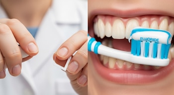 Imagen dividida: a la izquierda, manos sujetando hilo dental; a la derecha, primer plano de boca con un cepillo y pasta dental con flúor.