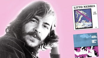 Retrato en blanco y negro de Litto Nebbia sobre fondo rosa junto a dos portadas de sus discos Bazar de los milagros y Fuera del cielo.
